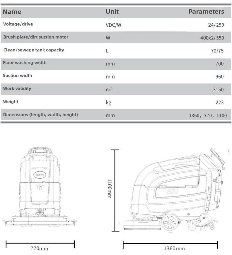 S70 floor scrubber with high beauty/intelligent hand push/dual brush ultra wide cleaning distance/long battery life