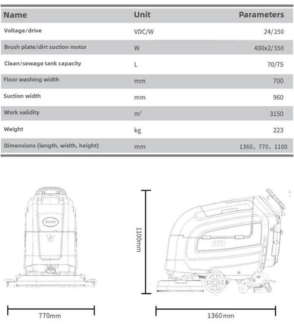 S70 floor scrubber with high beauty/intelligent hand push/dual brush ultra wide cleaning distance/long battery life