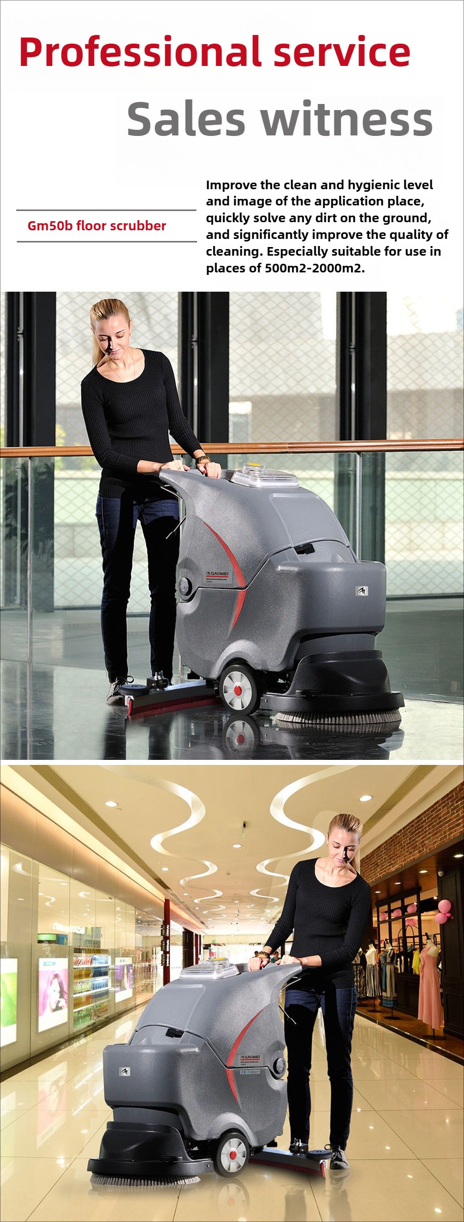 Gaomei GM50B hand push floor scrubber supermarket floor scrubber suction dryer parking lot floor scrubber sturdy, durable and compact